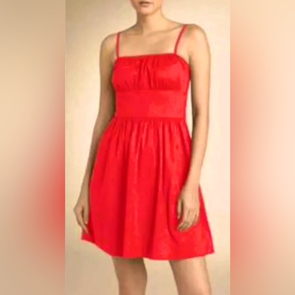 Theory Size 6 Red Empire Waist Yumi Luxe Cotton Stretch Pintuck Shift Dress